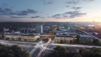 Blick auf eine Stadt in der Dämmerung
